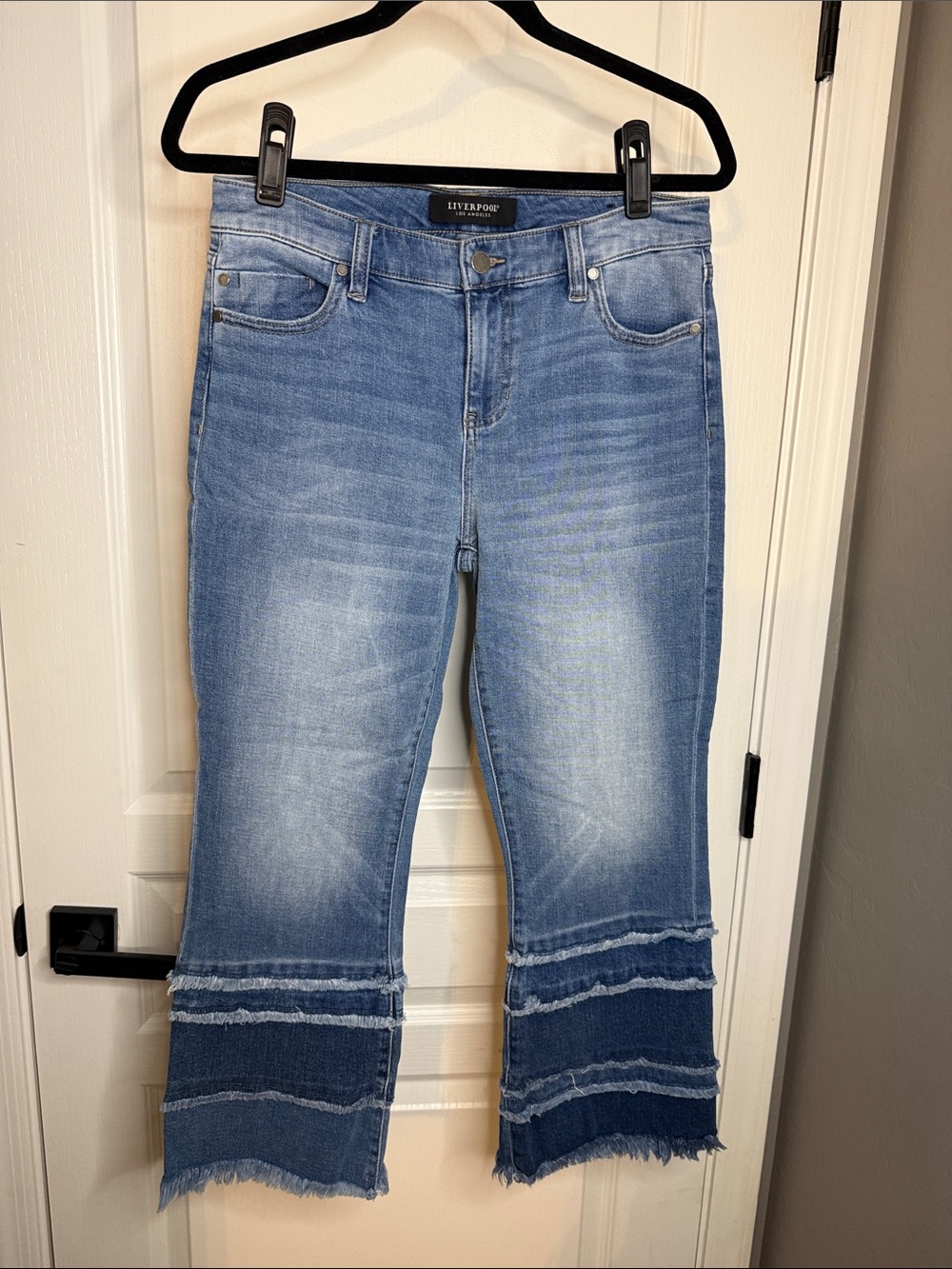 Liverpool Light Wash Tiered Frayed Wide Leg Jeans